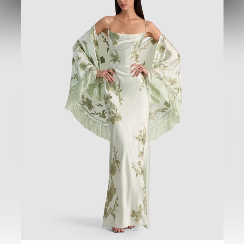*****ISO*****Alice + Olivia Montana Pale Green Satin Slip Gown with Olive Floral